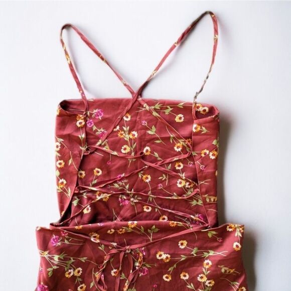 Danielle Bernstein Tie Back Roses And Daises Midi Silky Dress M Redwood Multi - Picture 9 of 16